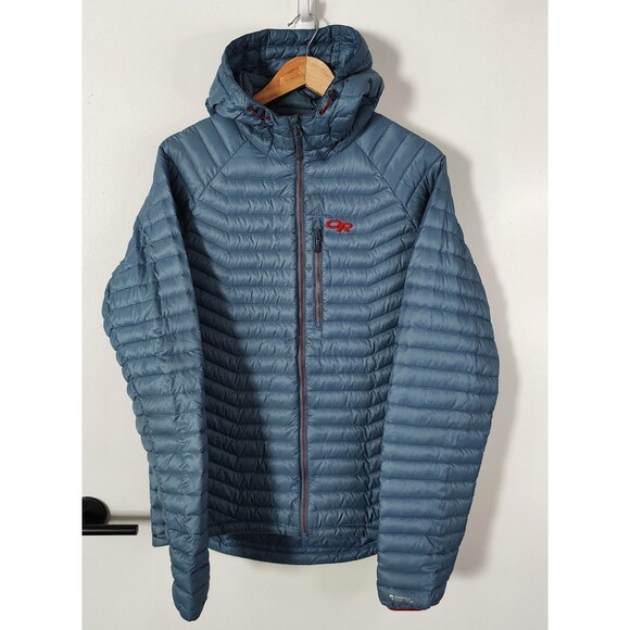 Outdoor Research Mens Large Verismo Hooded Down Jacket Blue Full Zip (Read Desc) - Picture 1 of 8